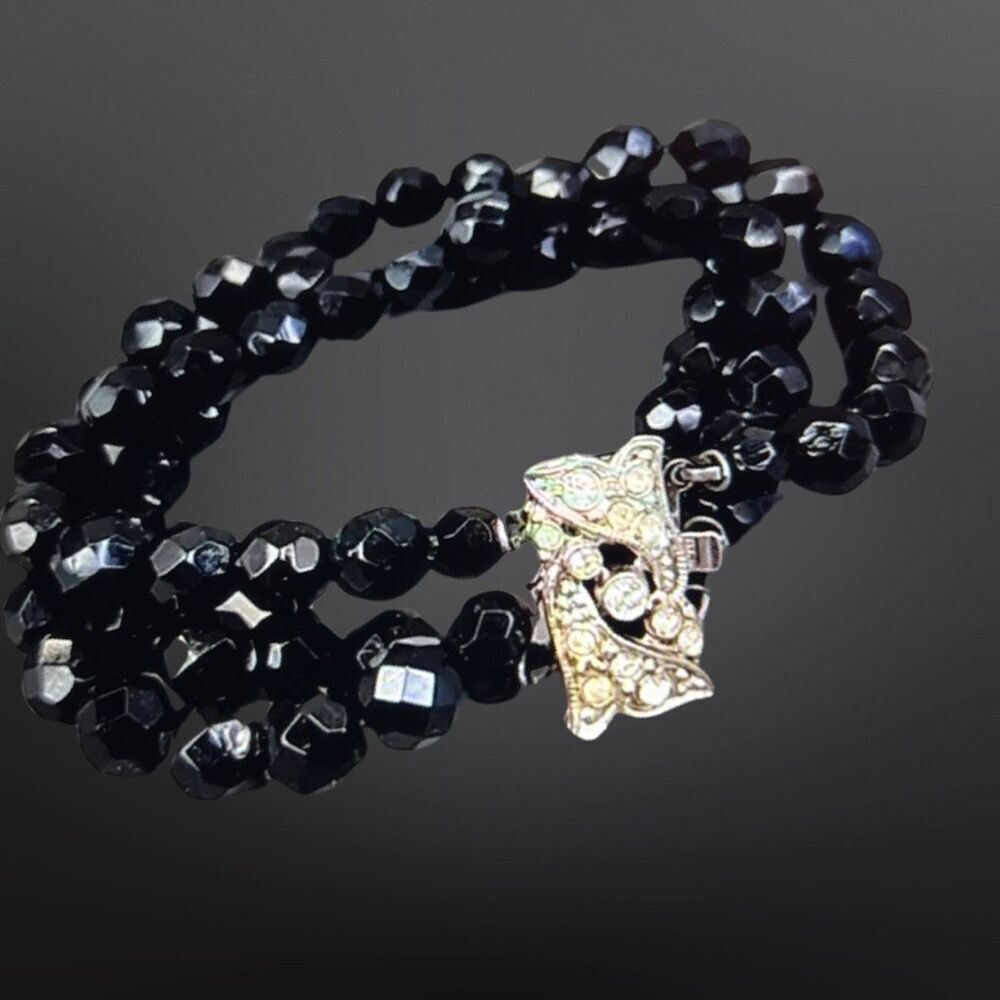 Antique Art Deco Black Glass Beaded Bracelet Rhinestone Clasp B12